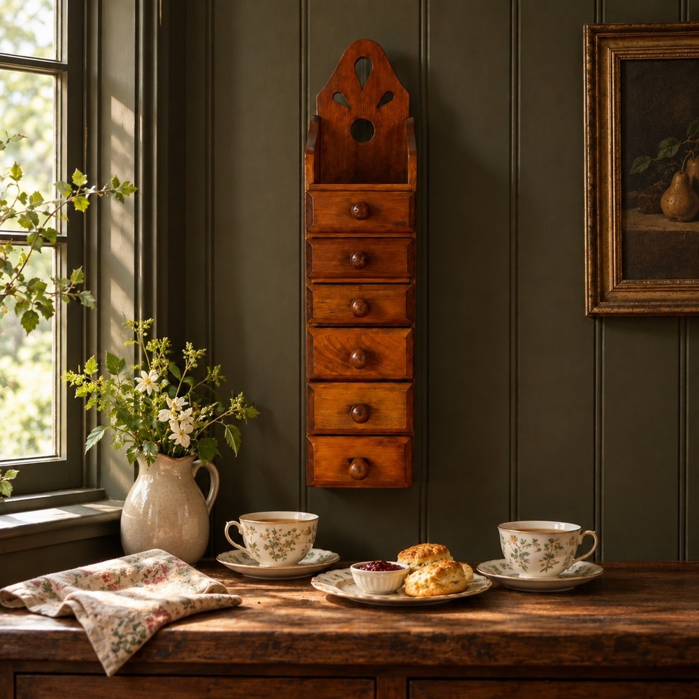 Vintage Wooden Wall Tea Cabinet, Brown Wood 6 Drawer Spice Chest Kitchen Storage